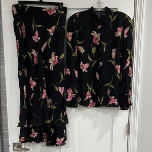 GORGEOUS Jones New York Black and Pink Floral Silk Blouse and Skirt Set Size P/M